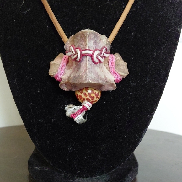 Bohemian Pink Bone Pendant Necklace with Tan Cord - Picture 3 of 7